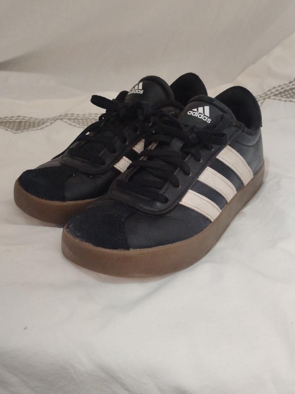 Adidas Black Sneakers with White Stripes and Gum Sole